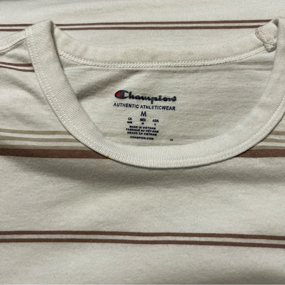 Champion Men’s Short‎ Sleeve Shirt Medium White with Brown Tan horizantal lines - Picture 8 of 10